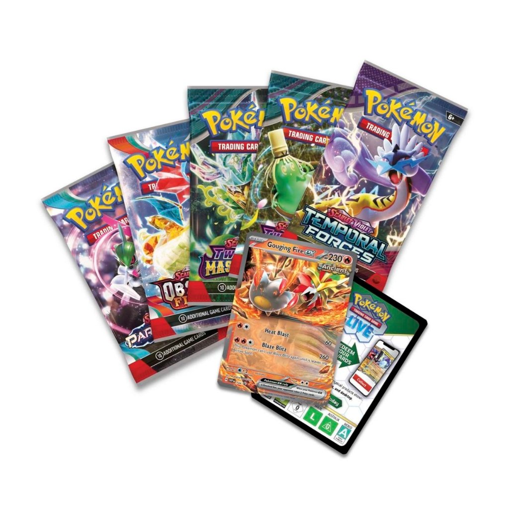 Pokémon TCG: Paradox Destinies Tin | Raging Bolt EX | Gouging Fire EX | Iron Boulder EX | Iron Crown EX